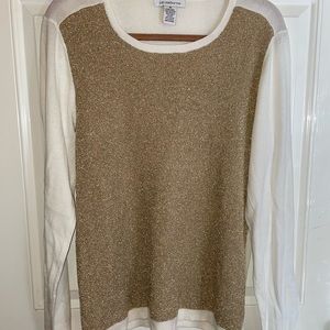 Liz Claiborne Semi-Sheer Gold Metallic Cream Color Block Scoop Neck Sweater